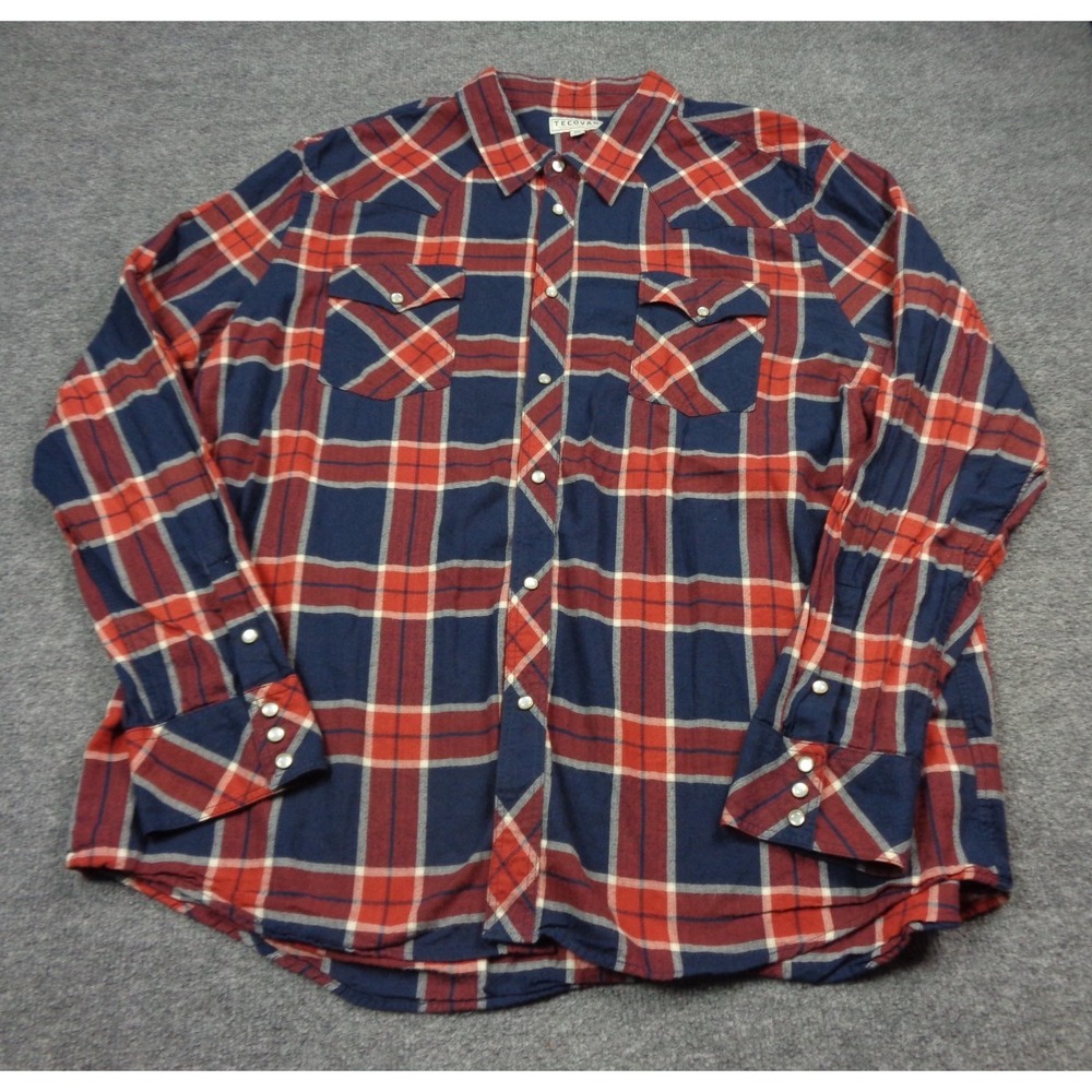 Tecovas Western Shirt Mens 2XL Blue Red Plaid Flannel Pearl Snap Long Sleeve